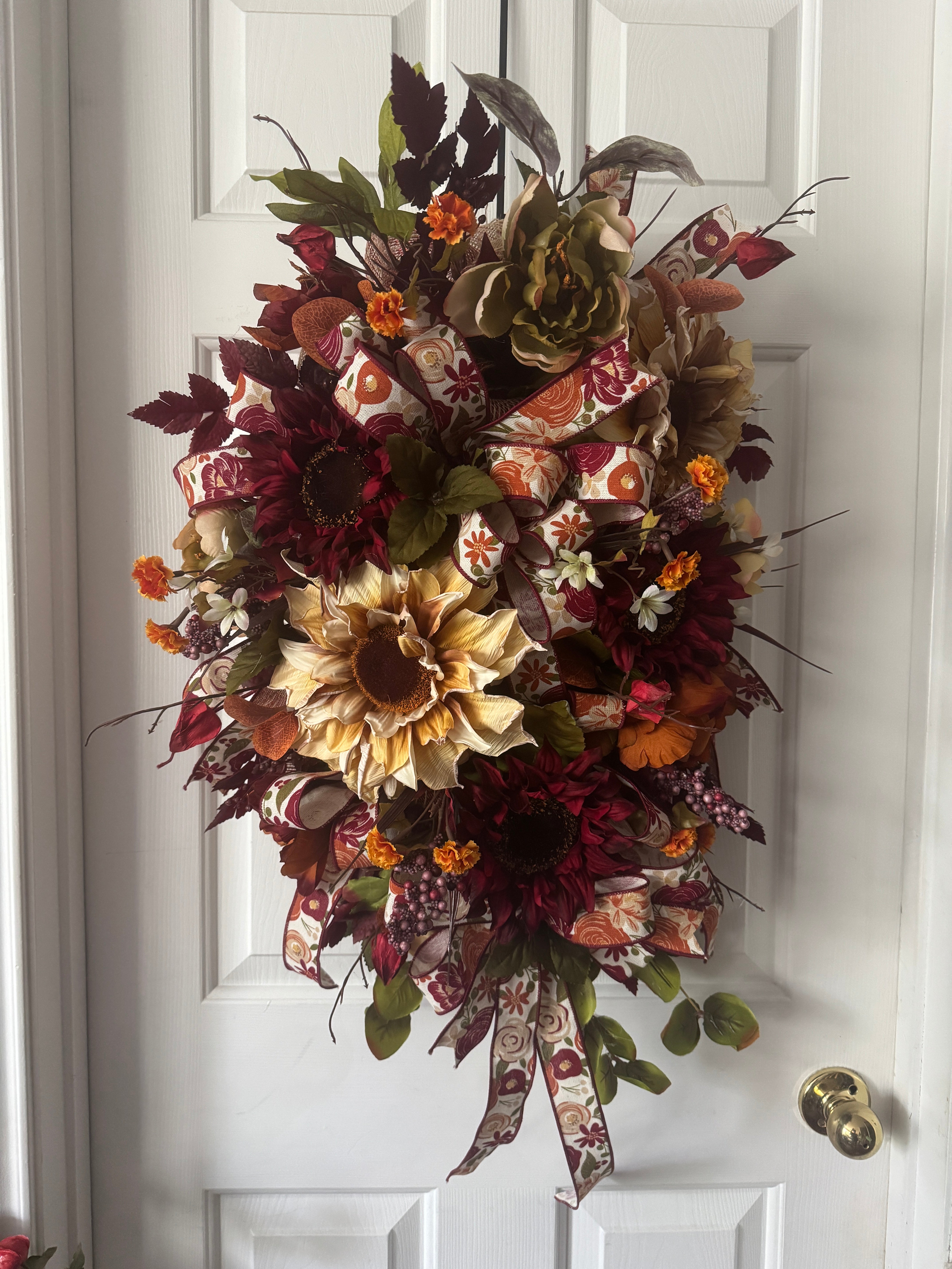 Fall Cream and Burgundy Sunflower Wreath