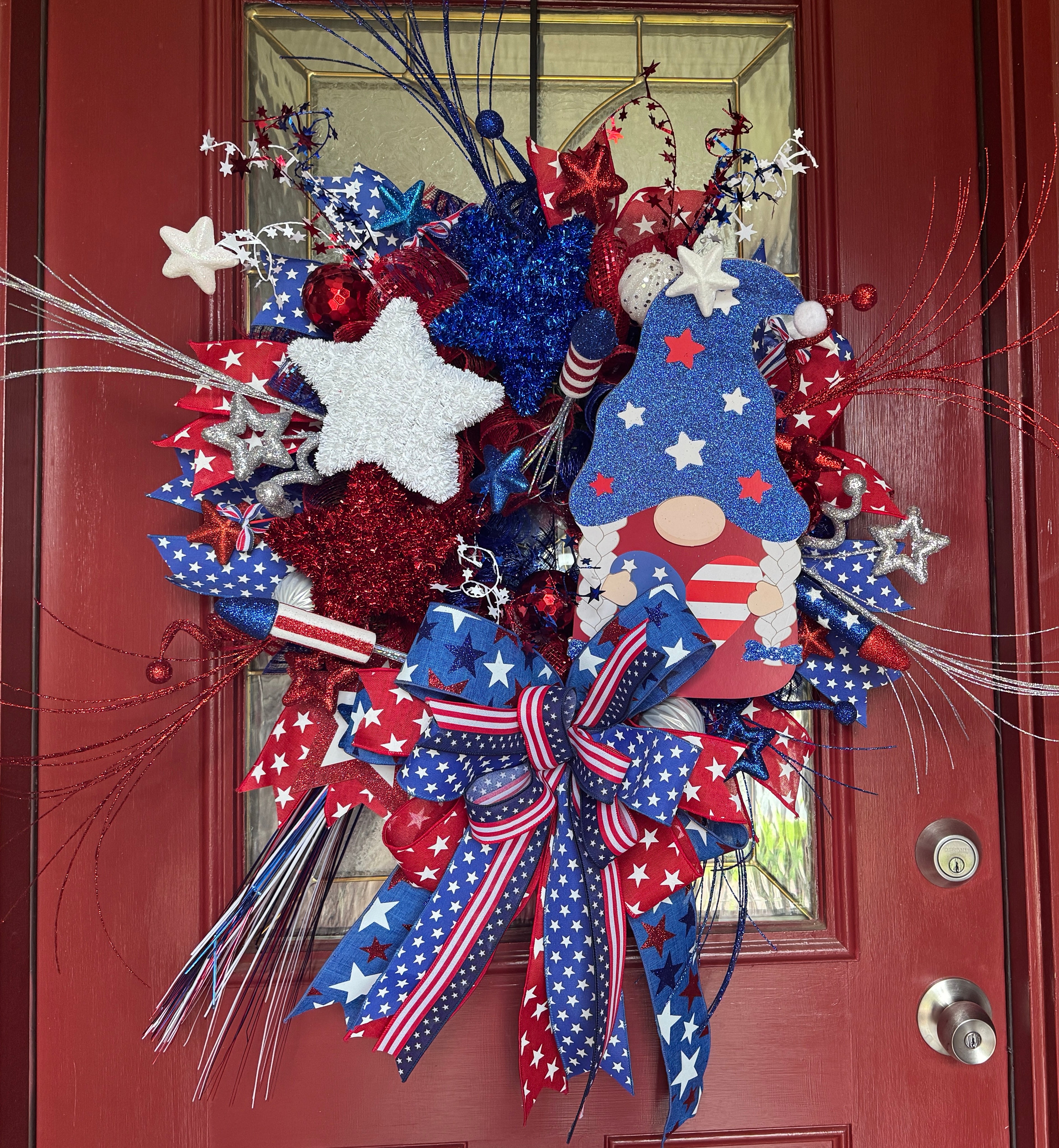 Red, White, and Blue Star and Gnome Sign Patriotic July4th Wreath