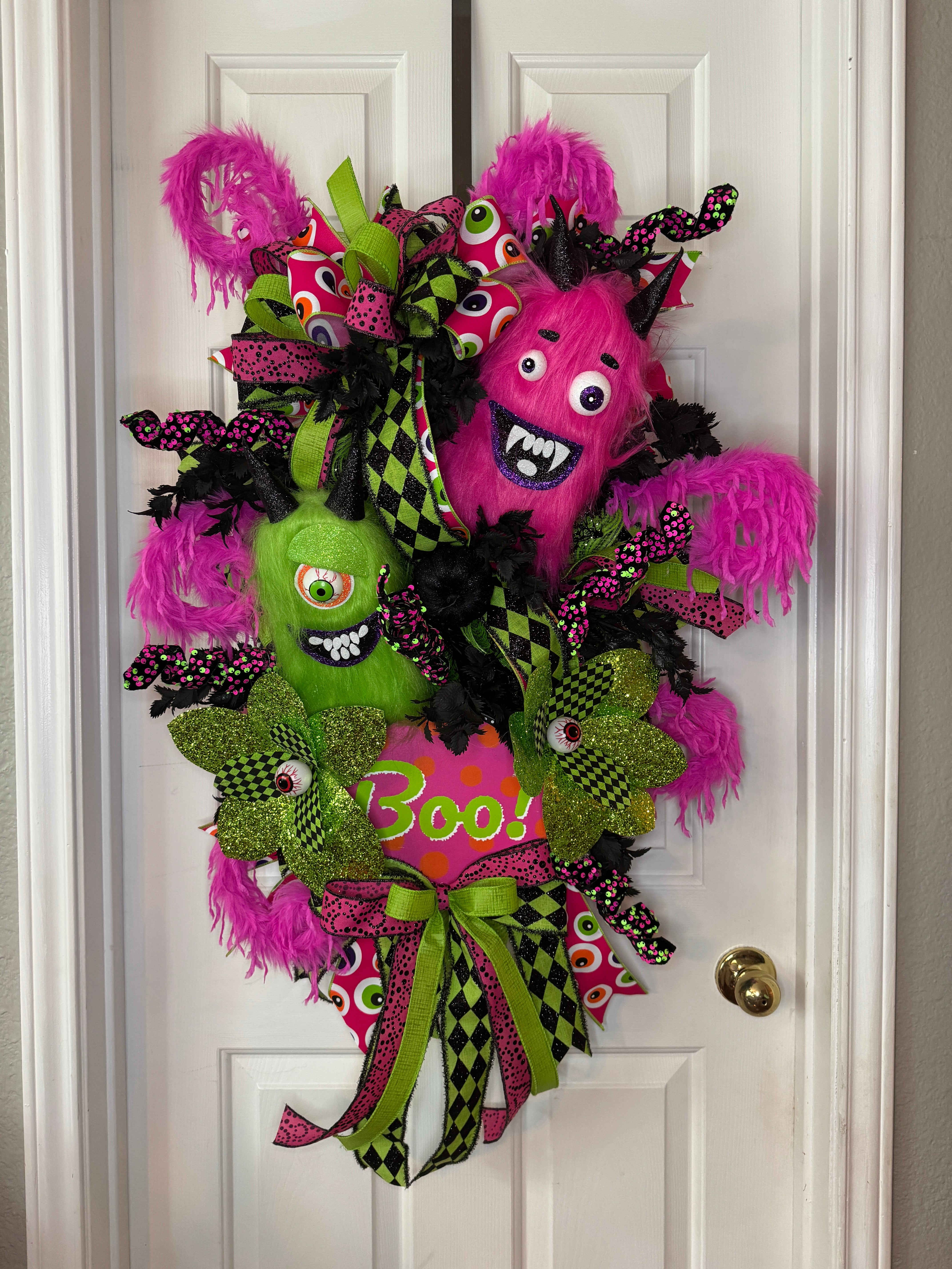 Hot Pink and Lime Green "Boo" monster Swag Wreath