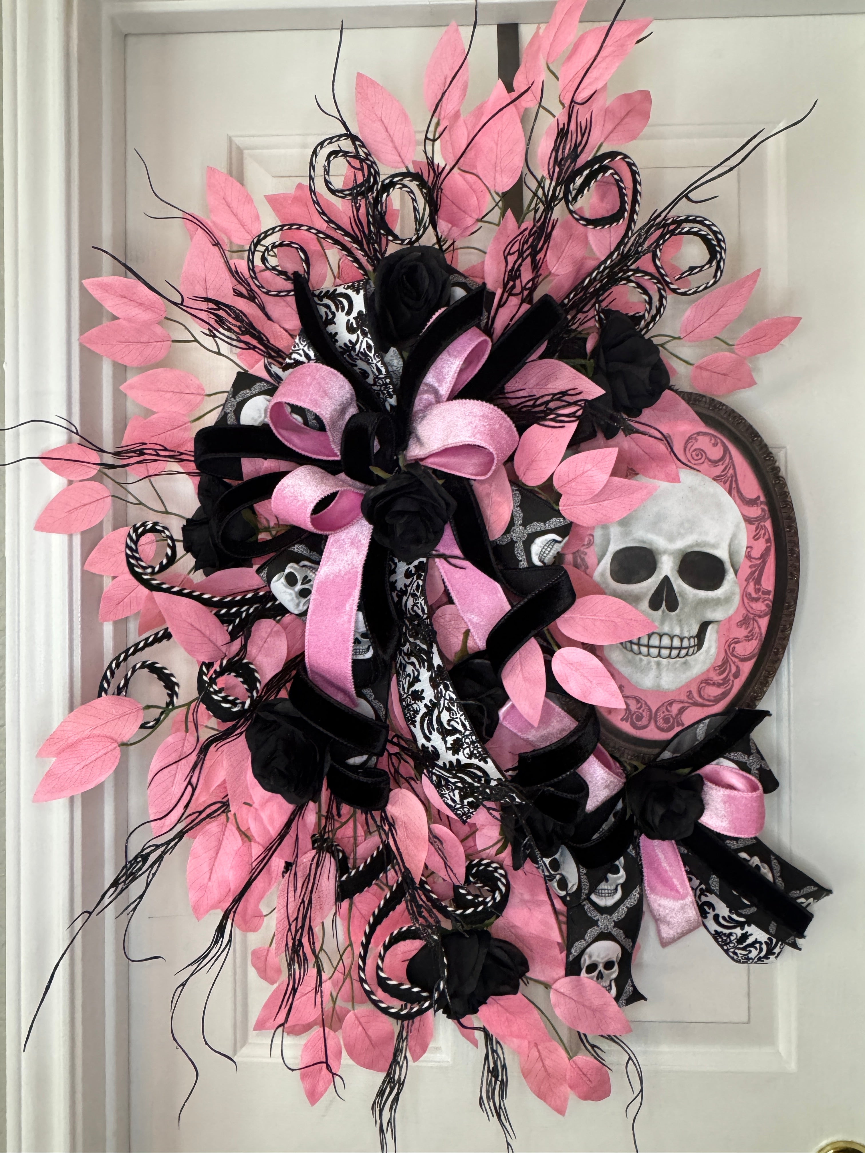 Elegant Pink and Black Skull Halloween Wreath