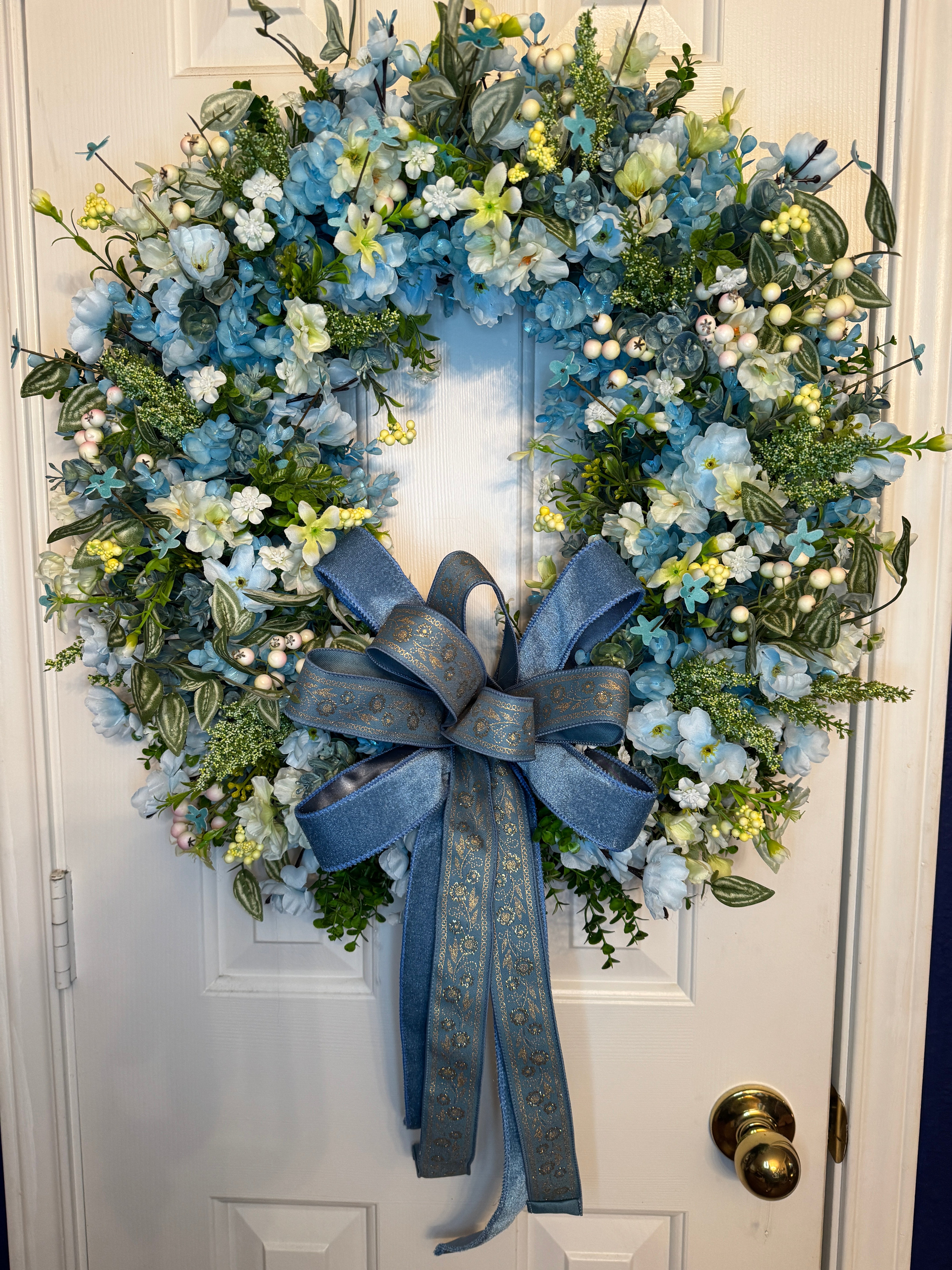 Turquoise and Light Blue Floral Wreath with Eucalyptus