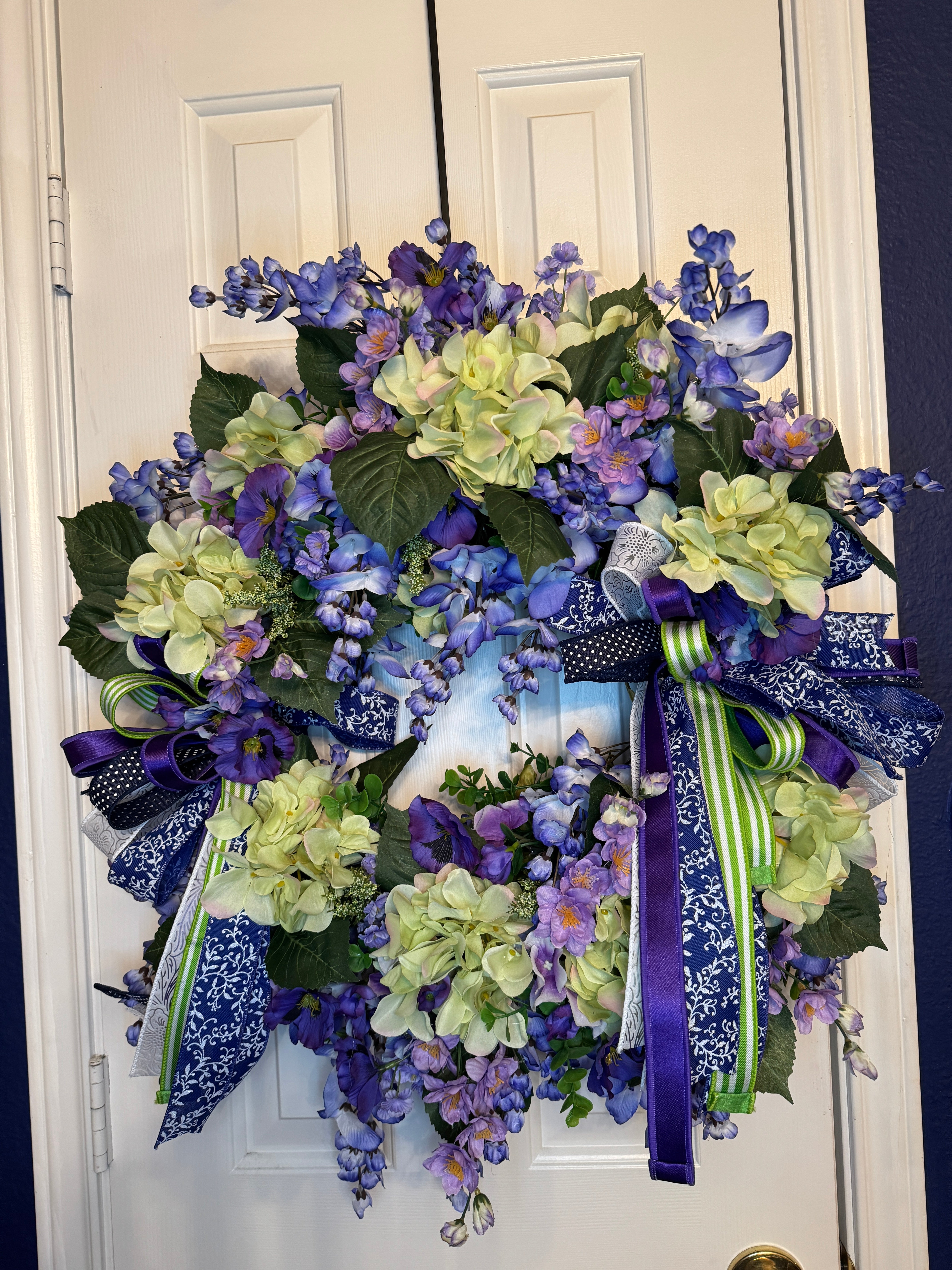 Dark blue  and Purple Wisteria and Green Hydrangea Spring Wreath