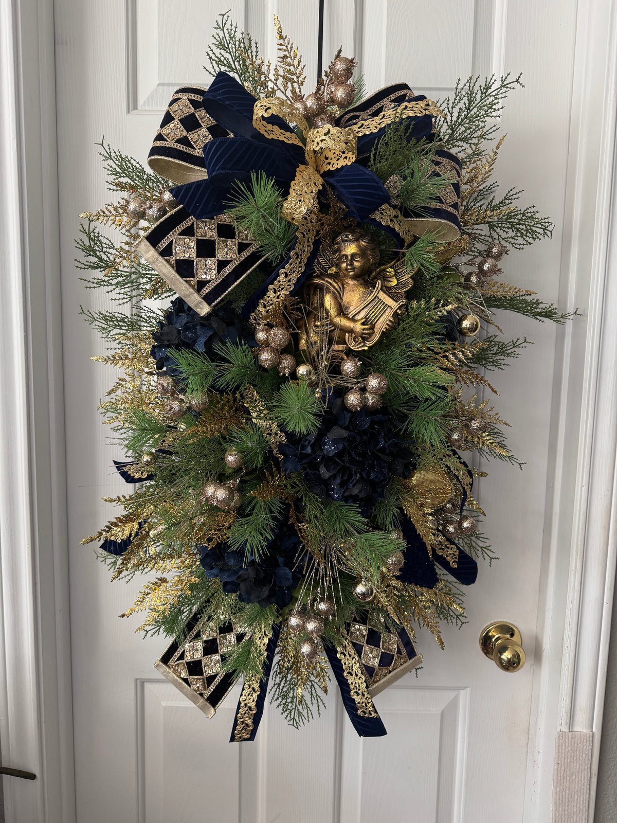 Luxurious Navy, Gold, and Champagne Christmas Teardrop Wreath